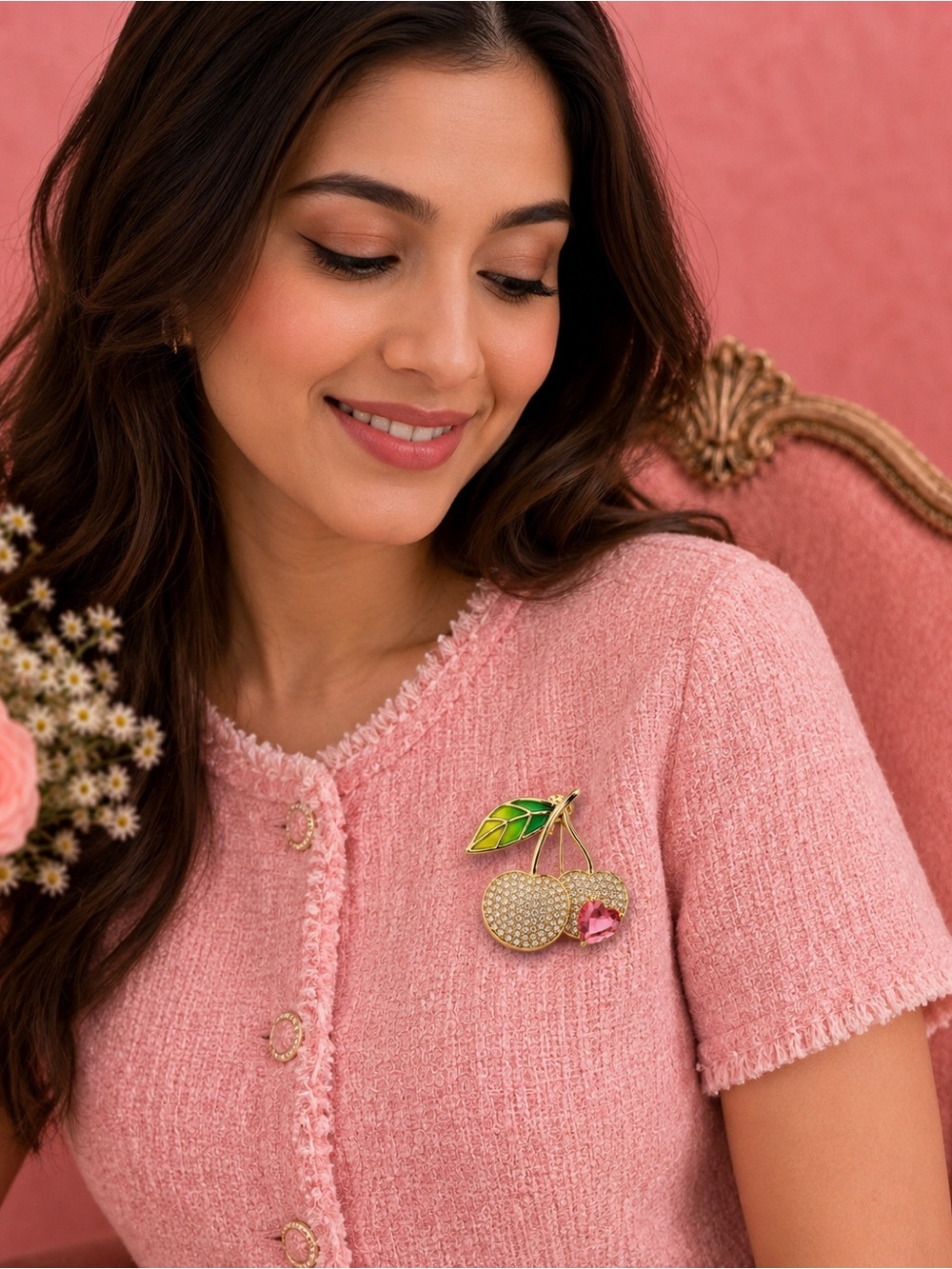 Couture Cherry Heart Crystal Brooch